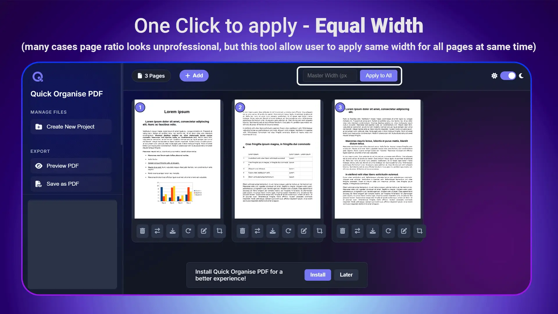 Before and after showing inconsistent page widths transformed to uniform professional appearance